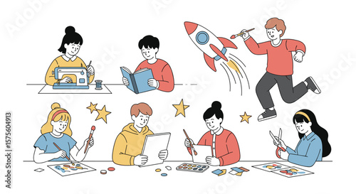 Children engaged in creative arts and learning activities developing imagination and skills