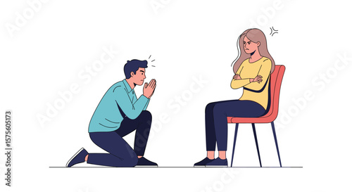 Couple arguing disagreement man begging woman refusing unhappy relationship conflict frustration misunderstanding