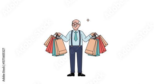 Elderly man carrying many shopping bags looking overwhelmed by consumerism