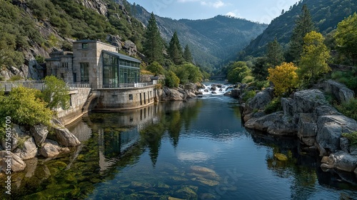 Hydroelectric power plant integrated with nature representing clean energy, renewable resources, and modern technology