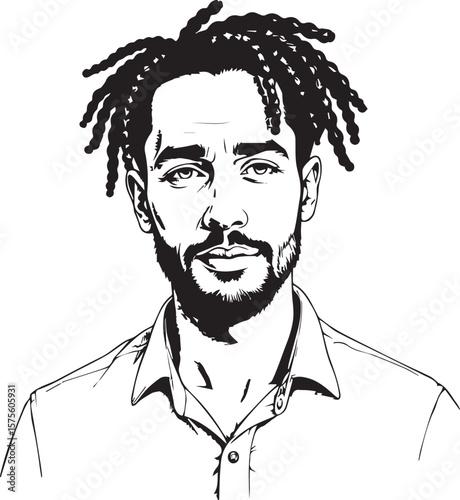 Man with Dreadlocks Portrait: A striking black and white illustration of a man with meticulously styled dreadlocks, showcasing his calm and contemplative expression.