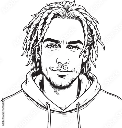 Stylish Portrait of a Person with Dreads: A striking black and white portrait of a person with distinctive dreadlocks, a confident gaze and fashionable apparel. 