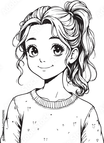 Graceful Smiling Young Woman: A captivating close-up monochrome illustration portrays a lovely young woman with a serene, engaging expression.