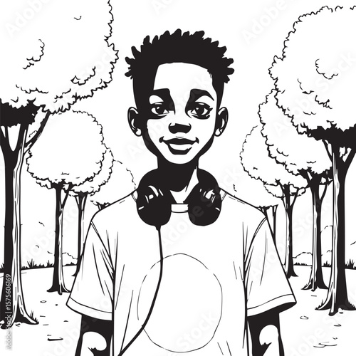 Joyful Urban Youth: A cheerful youth exudes a sense of belonging and confidence, wearing headphones. He stands in an inviting park. It is a scene of hope and serenity, where individuality thrives.