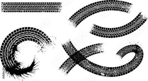 Tire tracks after skidding, launch, drift, powerslide in motorsport, rally, off-road, motocross. Wheel texture with splash effect. Vector, EPS 10 version.