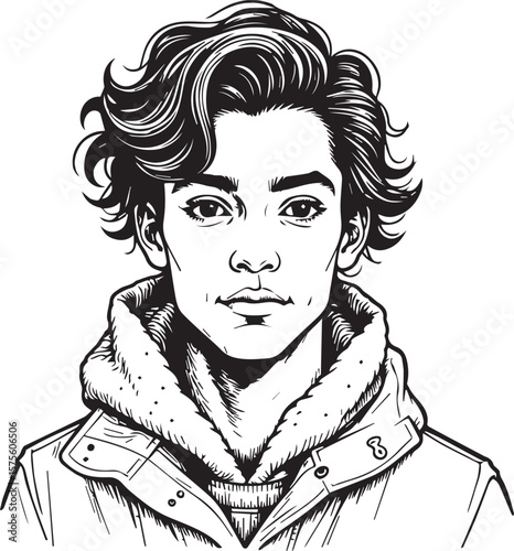 Captivating Portrait: An intimate, detailed illustration of a young man's face. A captivating black and white image reveals the model's attractive features with a fur-collared jacket. 