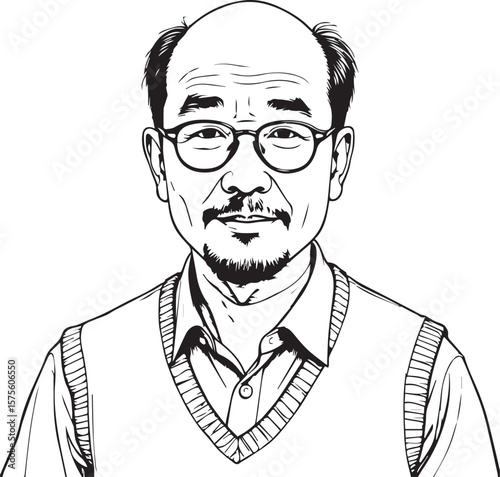 Elderly Man with Glasses: A detailed line art illustration portrays a distinguished elderly man, adorned with eyeglasses, exuding wisdom and experience.