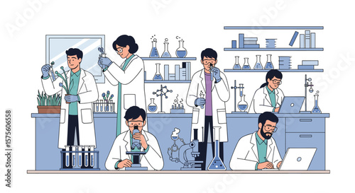 Modern science laboratory operations featuring researchers engaged in diverse experimental activities