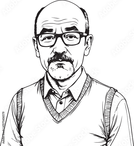 Serious Reflection: A detailed line art illustration presents a balding man wearing glasses. His serious expression suggests contemplation and wisdom.