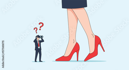 Tiny photographer amazed by gigantic woman legs and shoes outdoors