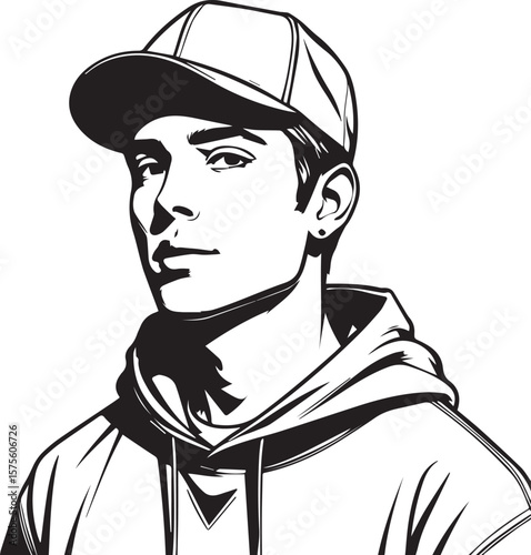 Urban Youth Silhouette: A stylish young man exudes confidence in a cap and hoodie, a stark black and white graphic, embodying modern urban fashion.