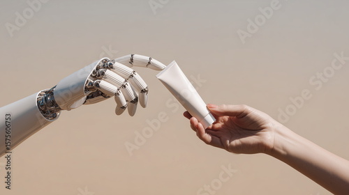 Futuristic AI Collaboration: Robotic and Human Hand Sharing Cosmetic Product