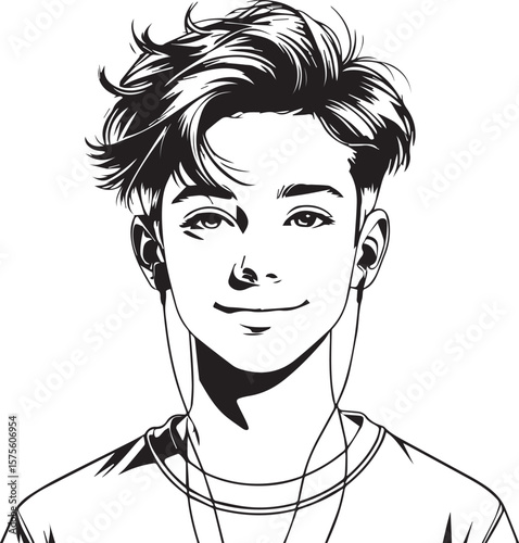 Teenager Portrait: A captivating, high-contrast black and white illustration of a trendy teenage boy with earbuds, capturing a youthful and modern aesthetic.