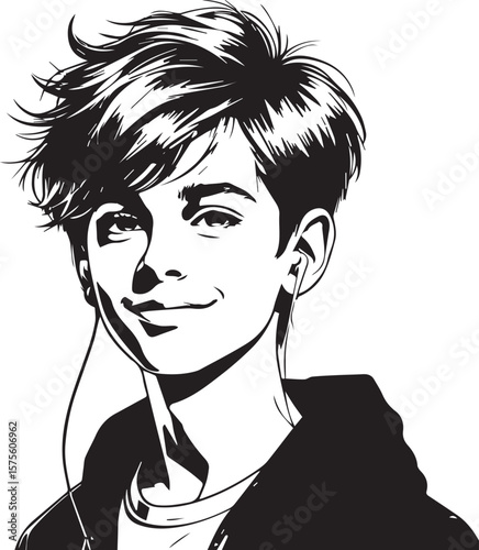 Stylish Girl with Earbuds: A stylish illustration of a young woman with short hair, wearing earbuds, exudes confidence and a cool demeanor.