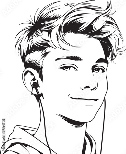 Youthful Portrait: A monochrome close-up portrays a young individual, hair perfectly styled, and earbud, exuding youthful vitality and contemporary aesthetic.