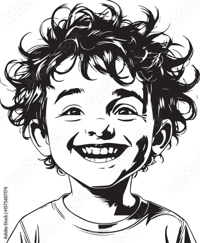 Joyful Child Portrait: A black and white illustration of a child with curly hair, beaming a wide, infectious smile. The image is simple yet powerful.
