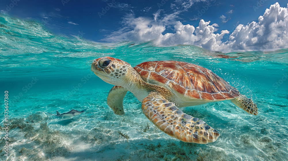 Obraz premium A serene underwater shot of a sea turtle gliding through crystal-clear waters, with the blue sky and white clouds above. The water is transparent like glass,