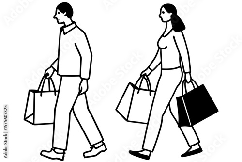 Minimalist Line Art of Two People Walking with Shopping Bags – Urban Lifestyle and Retail Illustration Concept
