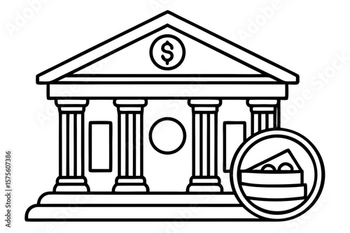 Bank Building with Dollar Symbol and Wallet Icon in Minimalist Line Art – Financial Services and Money Management Concept

