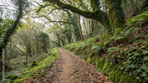 Dirt forest trail is winding through flat design woodland, with vines, moss, fern