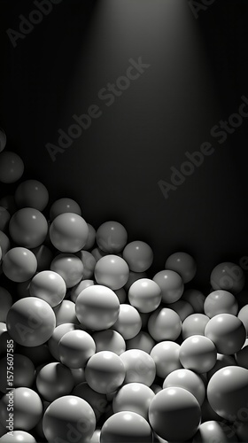 Dynamic Abstract Composition of Numerous Smooth Matte White Spheres Densely Packed in a Confined Black Space