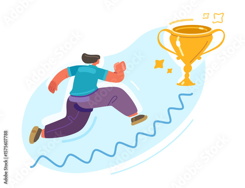 Ladder of success. Woman runs up stairs to get reward. Achievement of personal professional goals, accomplishments