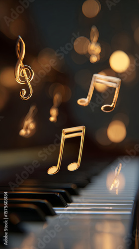 An image of musical notes floating above the keys on a piano, with a blurred background that suggests soft lighting and a focus on musical elements. 