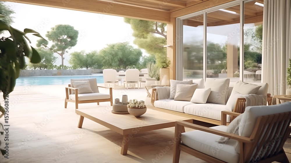 Fototapeta premium Interior of a modern villa viewed through an open veranda, showcasing Scandinavian-inspired design, pale wood elements, clean lines, and soft beige tones .