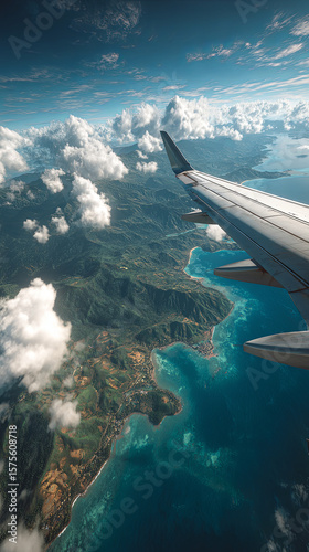Realistic shot of an airplane flying over the ocean, with visible wing and tail structures in white color. The plane is seen from above on its right side. 