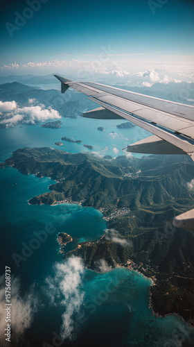 Realistic shot of an airplane flying over the ocean, with visible wing and tail structures in white color. The plane is seen from above on its right side. 