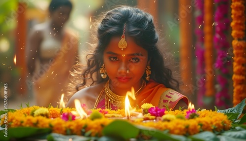 Celebration of light and colors during festival night in a vibrant Indian setting with a young woman adorned in traditional attire Generative AI