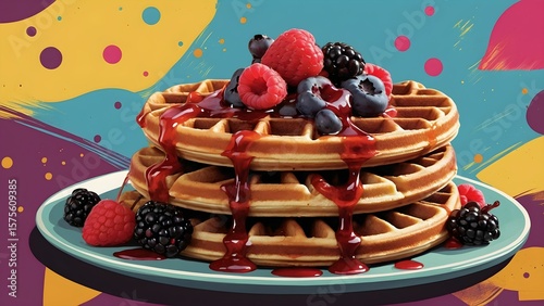 Delicious waffles topped with fresh berries and syrup served on a colorful plate Generative AI