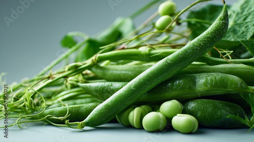 Beans and peas with pods and tendrils across table