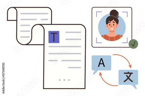 Documents with highlighted text, a profile photo with verification, and language conversion arrows. Ideal for communication, localization, global interaction, technology, accessibility, education