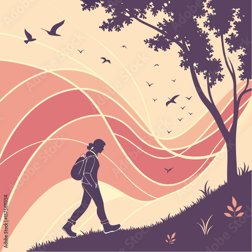 Vector art of a woman with a backpack is hiking through a scenic landscape with birds flying