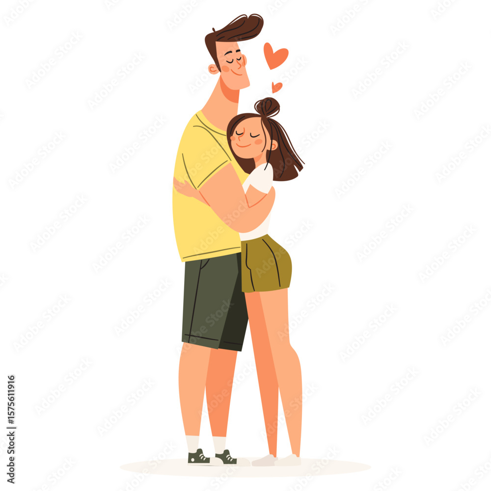 Obraz premium Flat vector illustration in a simple style. Cute girl and guy hugging. Vector illustration