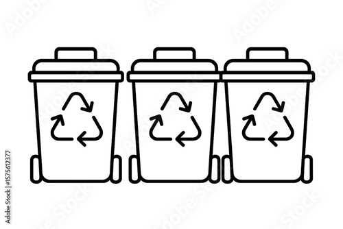 Three recycling bins with symbols for waste management  