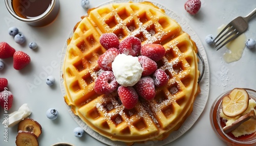 Delicious waffles topped with fresh raspberries, blueberries, and whipped cream served on a white plate with syrup at breakfast Generative AI