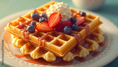 Delicious waffle stack topped with fresh fruits and whipped cream served on a decorative plate in a cozy breakfast setting Generative AI