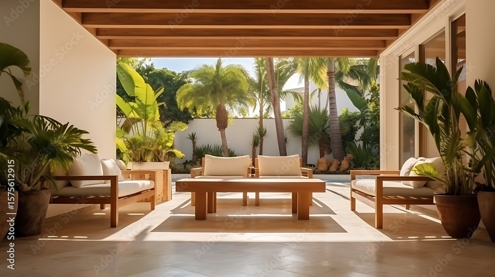 Fototapeta premium Veranda framing a chic villa interior with polished terrazzo floors, glass and wood furniture, abstract lighting fixtures, and a seamless indoor-outdoor vibe .