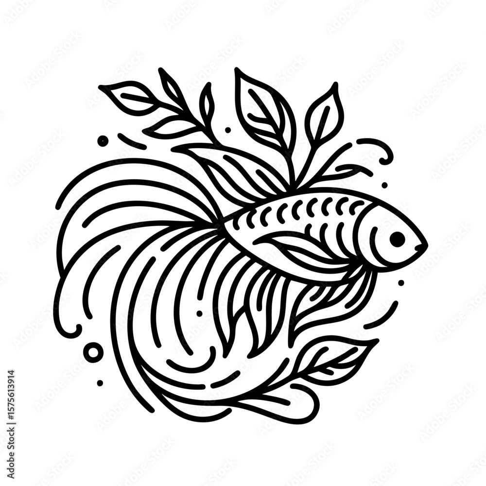 Obraz premium Elegant Betta Fish Line Art: Aquatic Animal Drawing