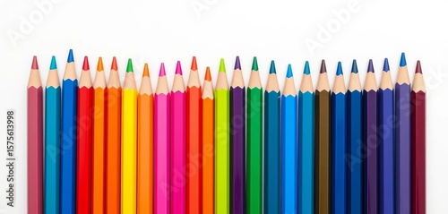 Several colorful pens neatly arranged in a straight row on a white background,  tools,  office