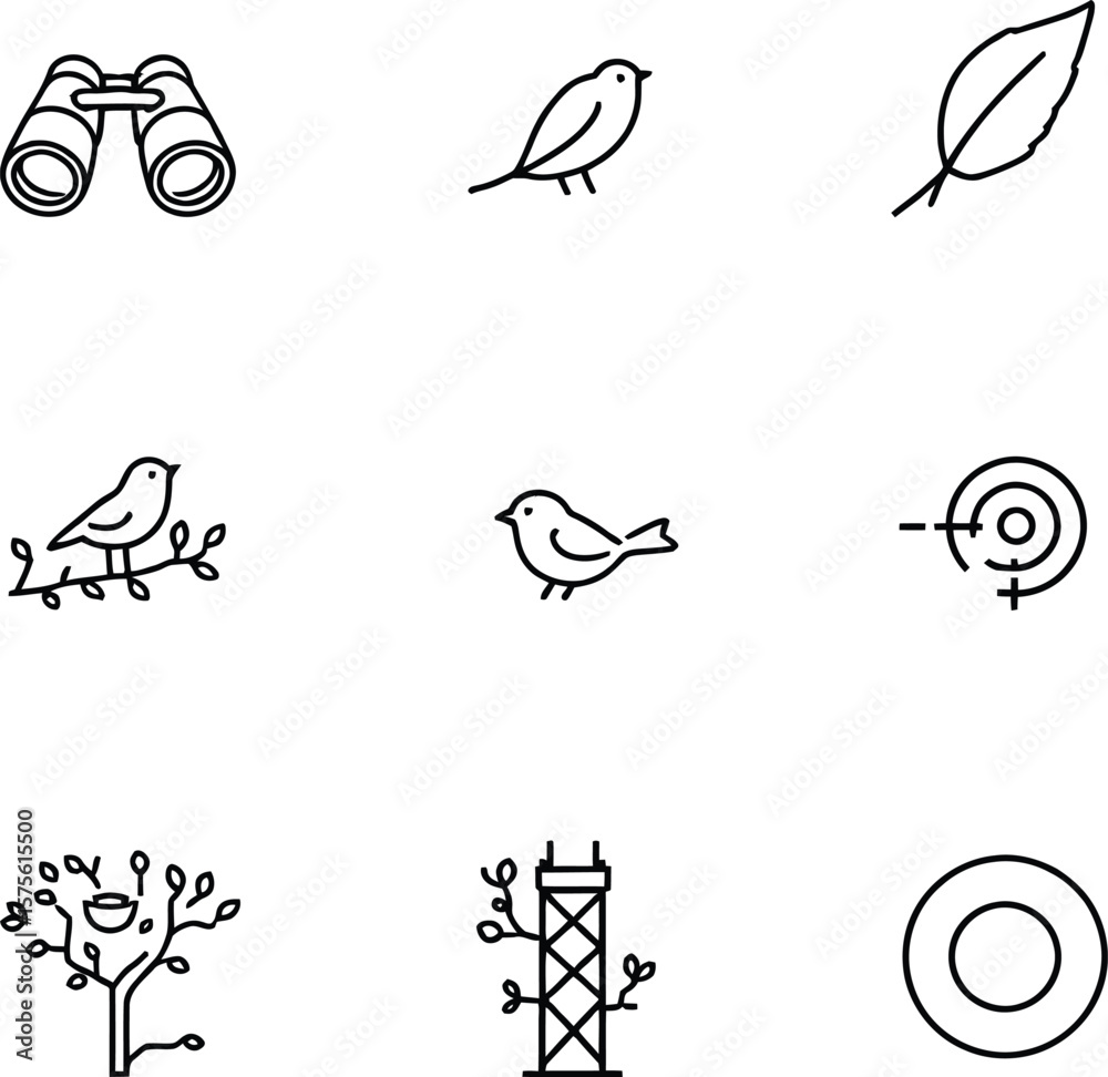 Obraz premium Birdwatching Icon Set Minimalist Black Silhouettes Featuring Binoculars Birds and Nature Elements for Outdoor Adventure Graphics