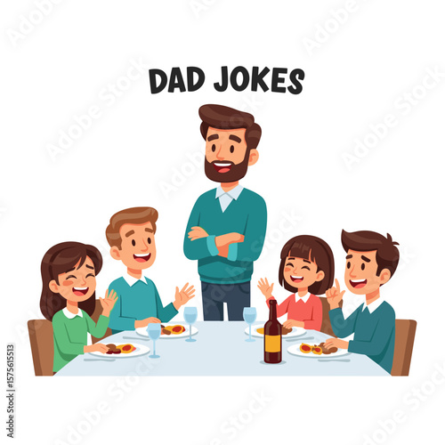Cartoon family enjoying meal with father telling jokes