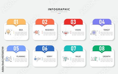 Timeline Creator infographic template. 8 Step timeline journey, calendar Flat simple infographics design template. presentation graph. Business concept with 8 options, gantt vector illustration.