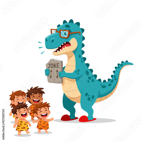 Dinosaur telling joke to cavemen