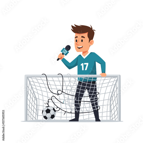 Man interviewing in soccer goal cartoon