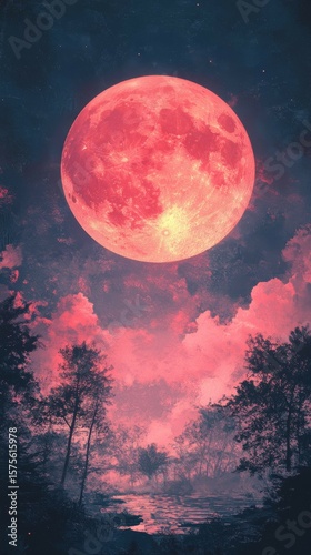 Crimson Moon Rising Over Forest River Nighttime Landscape