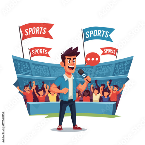 Sports announcer addressing excited crowd