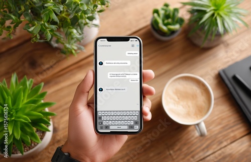 male hand holding smartphone with social media app on screen. All screen graphics are made up.